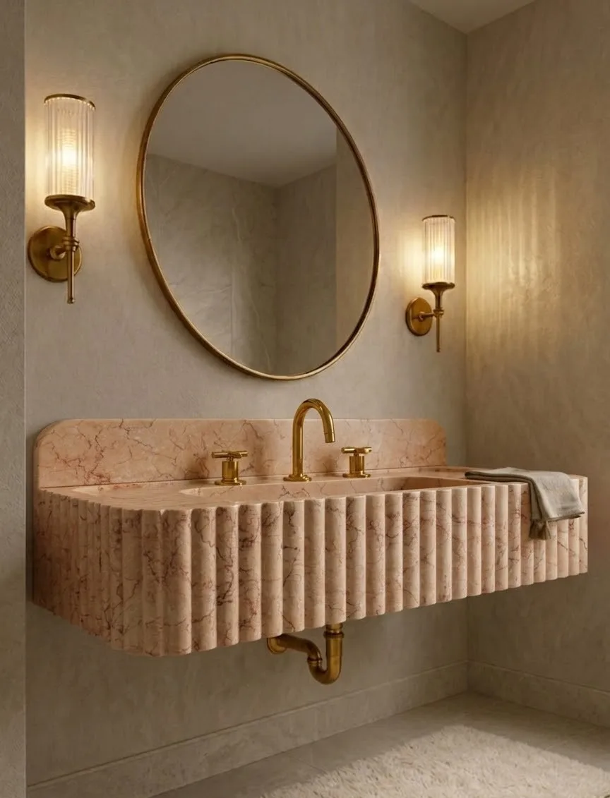 Pembe Bej Mermer Lavabo – Yivli El Oyması Duvara Monte Doğal Taş Banyo Lavabosu