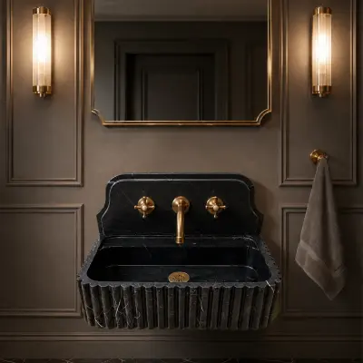 Nero Marquina toros siyahı Mermer Lavabo – Yivli Ön Yüzeyli Arka Panelli Siyah Doğal Taş Duvar Lavabosu