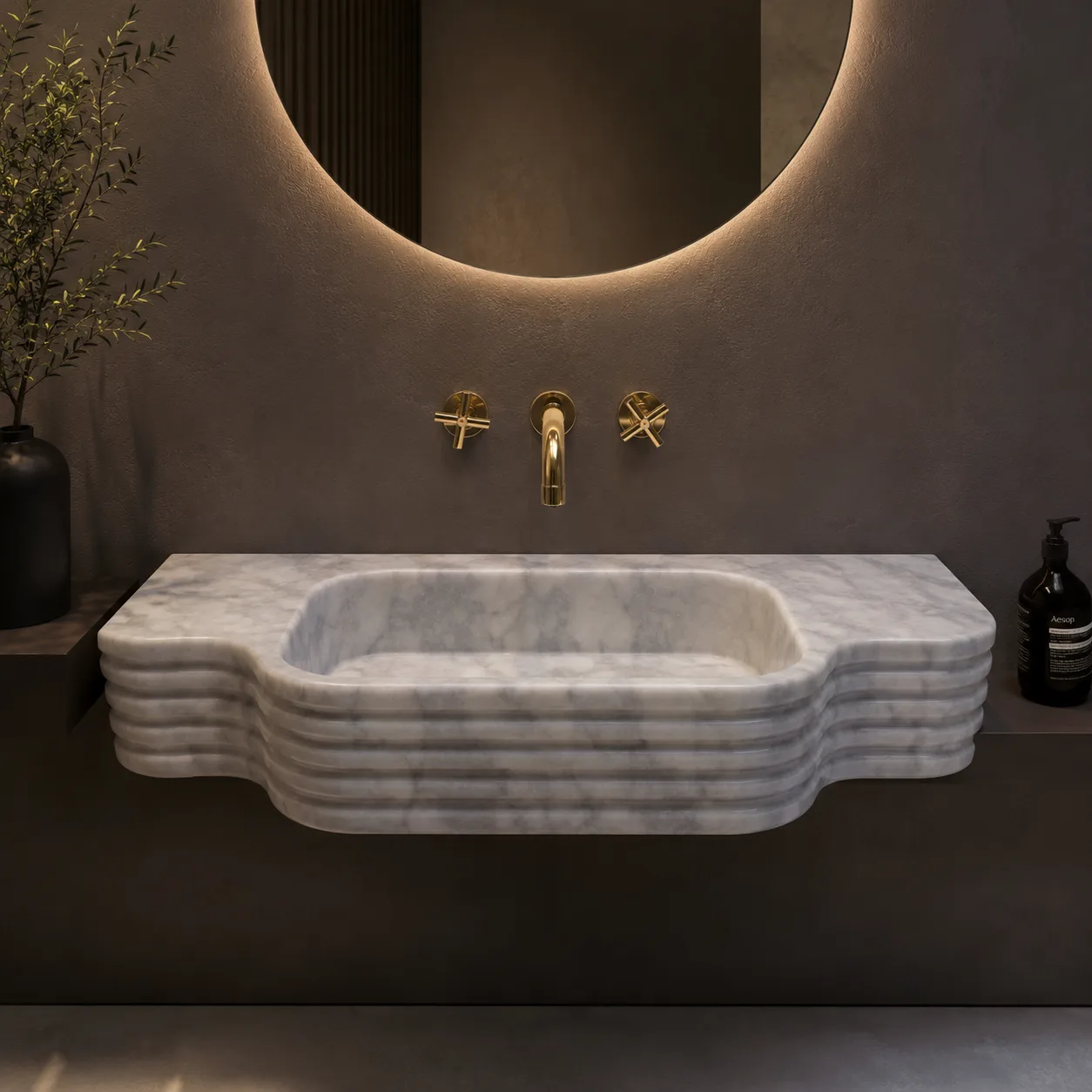 El Oyması Carrara Beyaz Mermer Lavabo – Yivli Duvar Tipi Lüks Doğal Taş Banyo Lavabosu