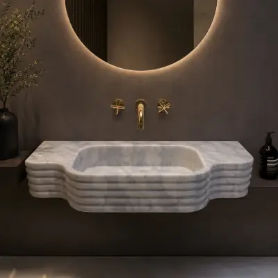 El Oyması Carrara Beyaz Mermer Lavabo – Yivli Duvar Tipi Lüks Doğal Taş Banyo Lavabosu