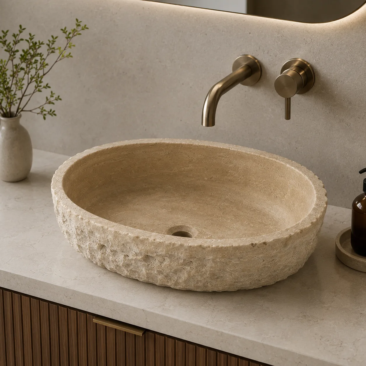 Rustic Design Natural Chiseled Oval Travertine Sink