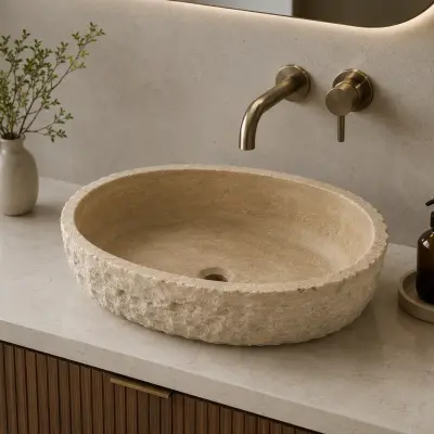 Rustik Tasarım Doğal Kırma Yüzeyli Oval Traverten Lavabo