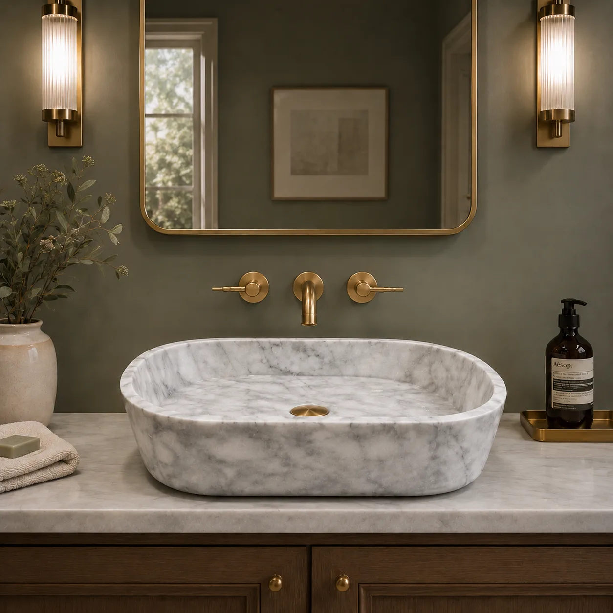 El Oyması Carrara Mermer Oval Lavabo – Doğal Taş Tezgah Üstü ve Duvara Monte Banyo Lavabosu
