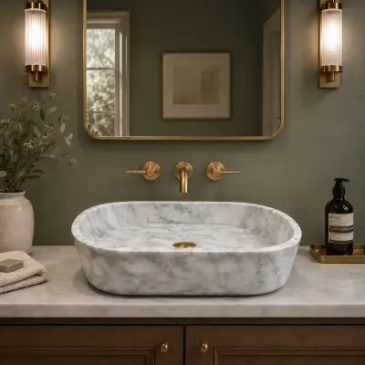 El Oyması Carrara Mermer Oval Lavabo – Doğal Taş Tezgah Üstü ve Duvara Monte Banyo Lavabosu