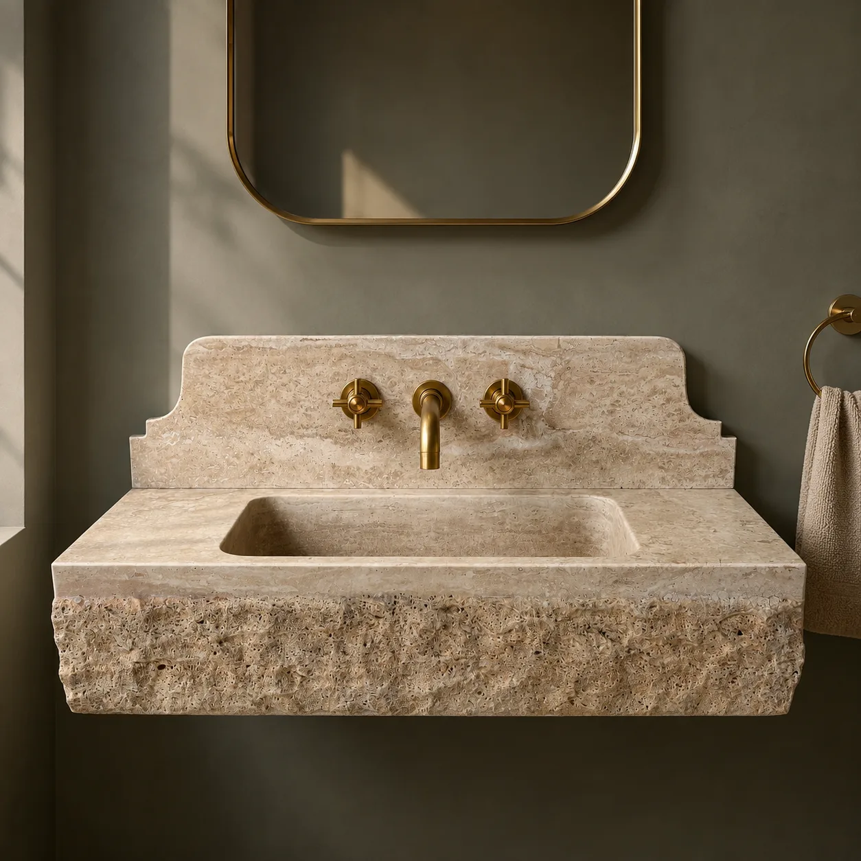 Traverten Mermer Lavabo – Ham Dokulu El Oyması Duvara Monte Doğal Taş Banyo Lavabosu