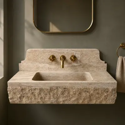Traverten Mermer Lavabo – Ham Dokulu El Oyması Duvara Monte Doğal Taş Banyo Lavabosu