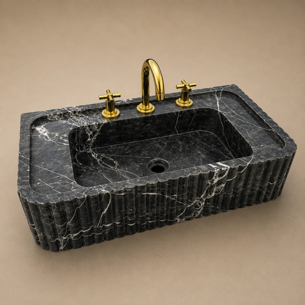 Nero Marquina Marble Sink – Hand-Carved Fluted Black Stone Wall-Mounted Vanity Basin