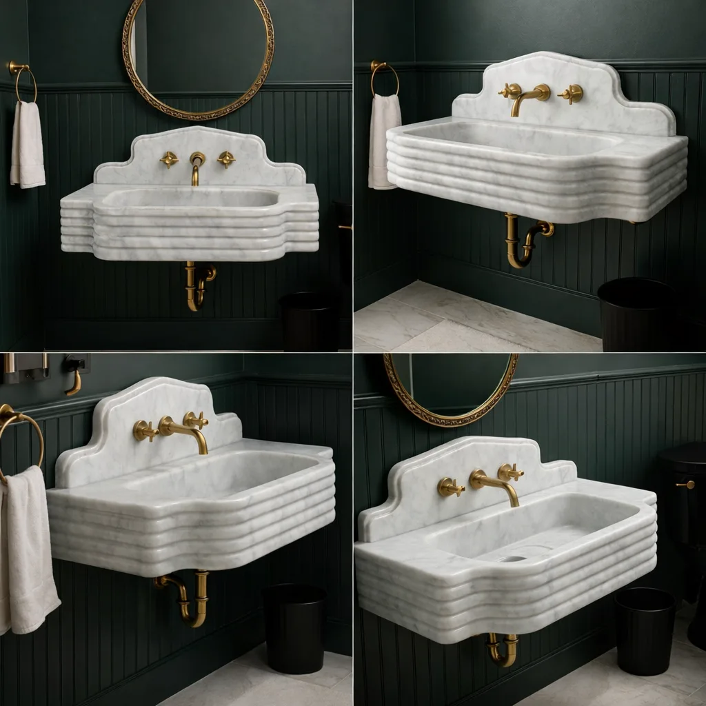 El Oyması Beyaz Carrara Mermer Lavabo – Yivli Duvara Monte Lüks Doğal Taş Banyo Lavabosu