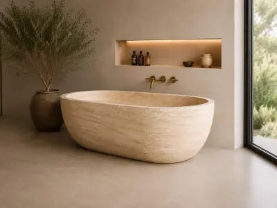 Doğal Traverten Küvet – El Yapımı Freestanding Mermer Küvet | Lüks Doğal Taş Banyo Küveti