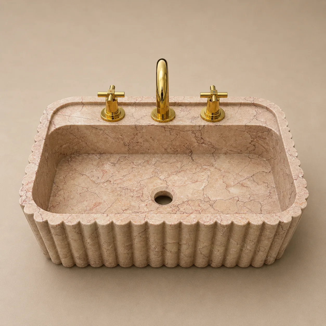 Hand-Carved Pink Marble Sink – Fluted Wall-Mounted Luxury Bathroom Vessel Basin