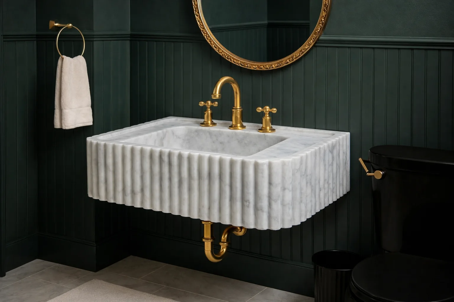Carrara White Mermer Lavabo – Yivli El Oyması Duvara Monte Doğal Taş Banyo Lavabosu