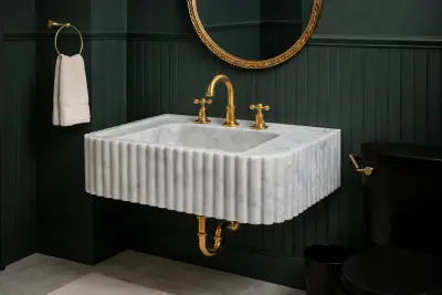 Carrara White Mermer Lavabo – Yivli El Oyması Duvara Monte Doğal Taş Banyo Lavabosu