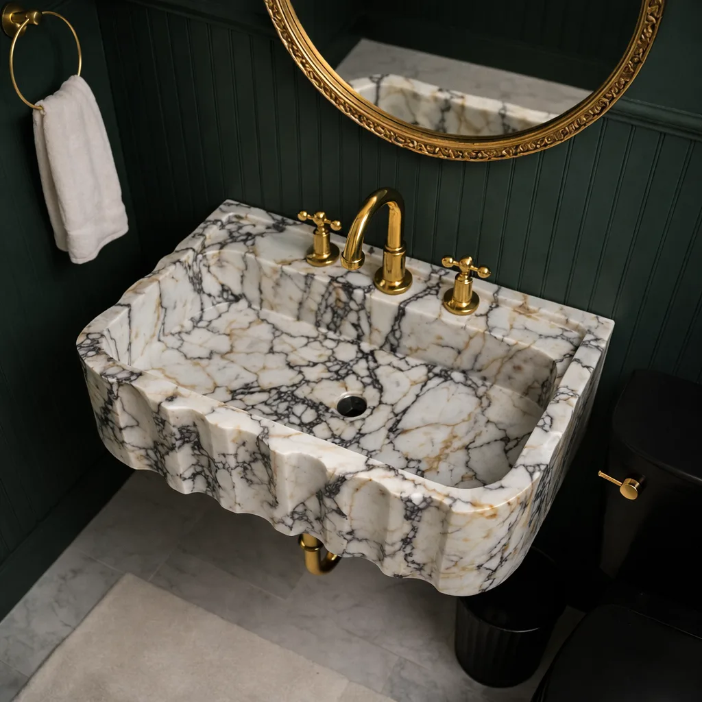 Calacatta Gold Mermer Lavabo – El Oyması Dalgalı Kenarlı Lüks Doğal Taş Duvar Lavabosu