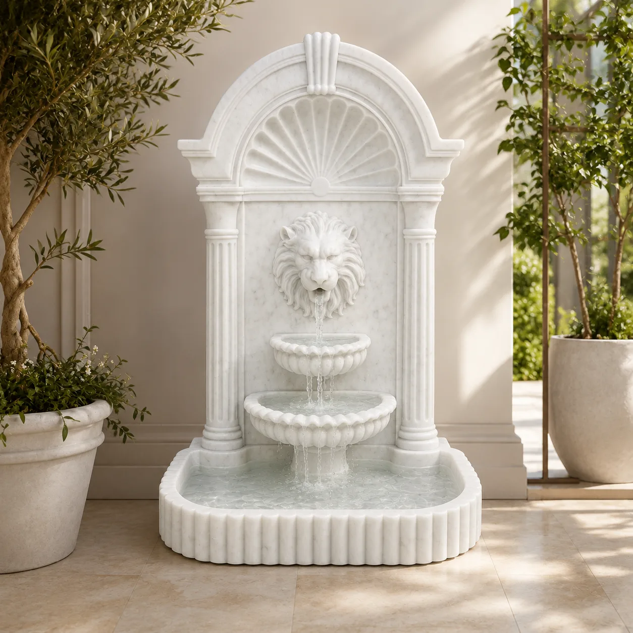 Aslan Başlı Carrara White Mermer Kademeli Duvar Çeşmesi