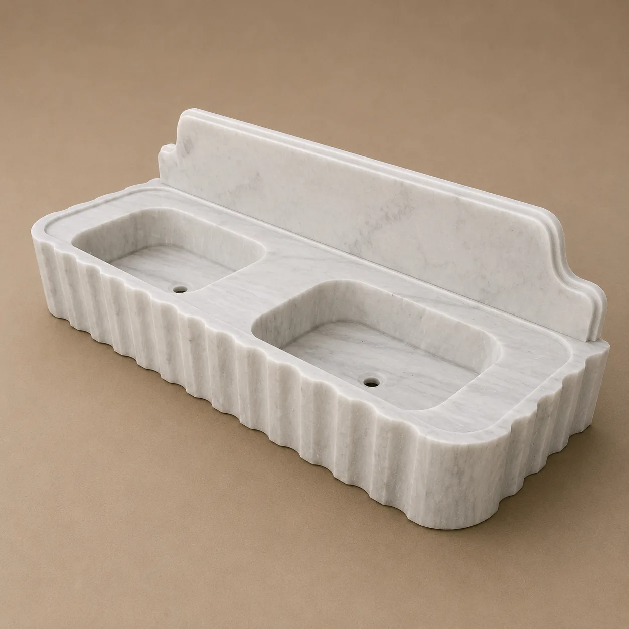 Carrara White Çift Mermer Lavabo – Yivli El Oyması Duvara Monte Doğal Taş Banyo Ünitesi