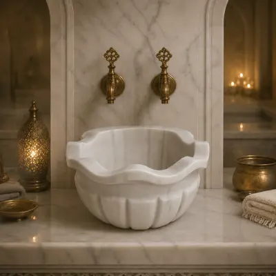 Kavun Dilimli Fırfırlı Tasarım Beyaz Mermer Hamam Kurnası