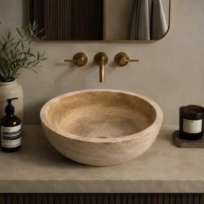 Doğal Traverten Dairesel Banyo Lavabosu