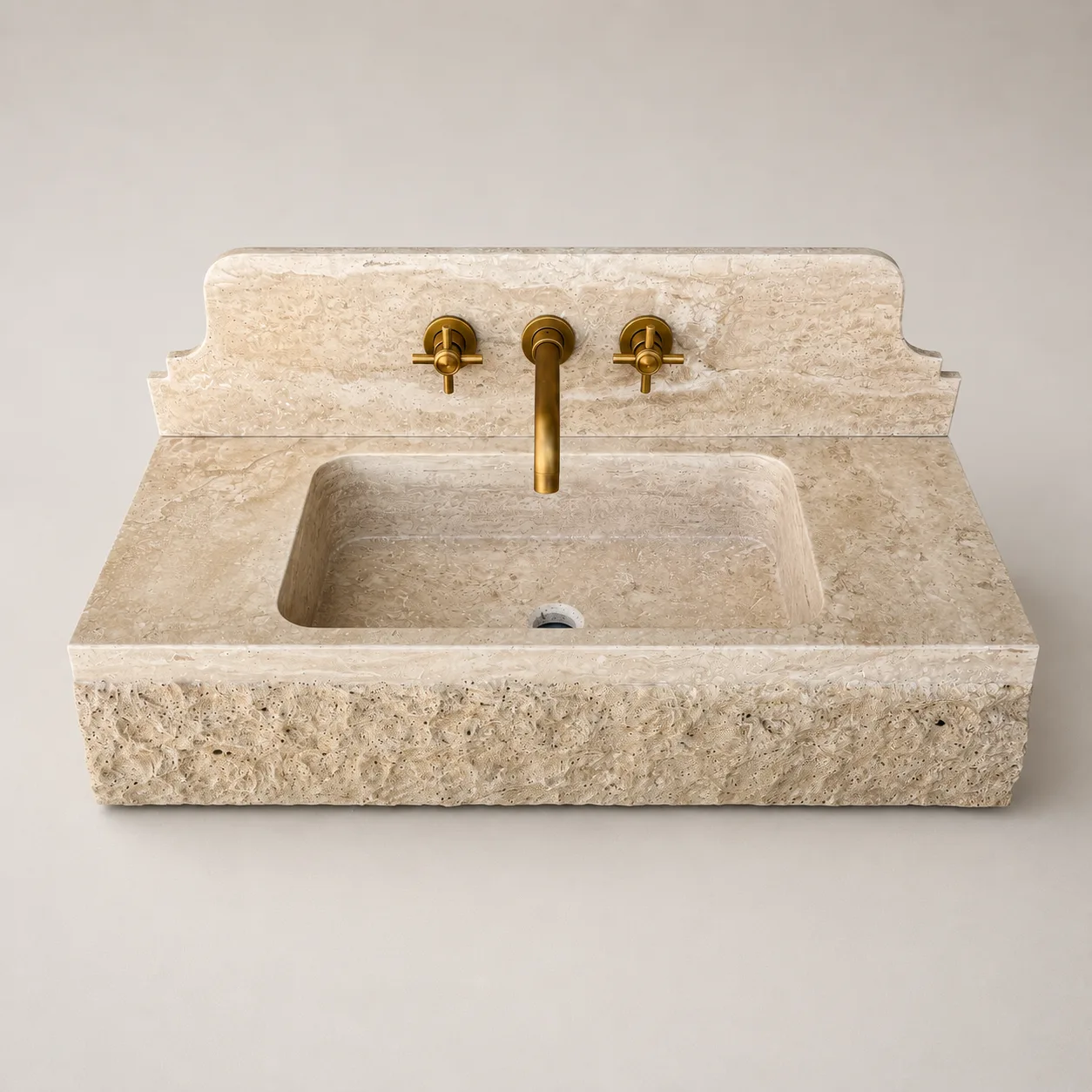 Traverten Mermer Lavabo – Ham Dokulu El Oyması Duvara Monte Doğal Taş Banyo Lavabosu
