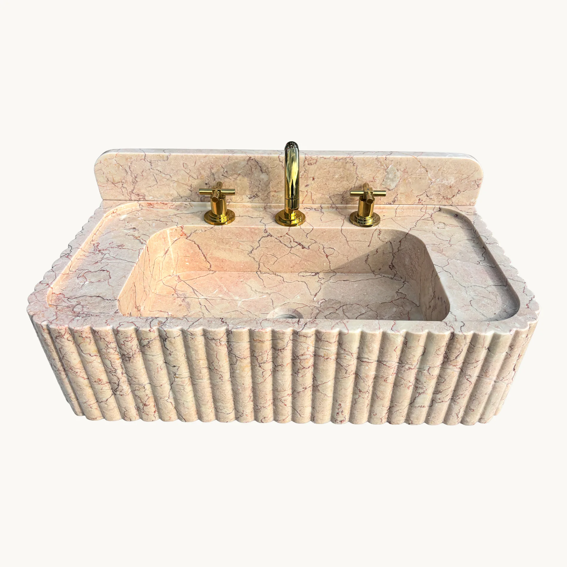 Pembe Bej Mermer Lavabo – Yivli El Oyması Duvara Monte Doğal Taş Banyo Lavabosu