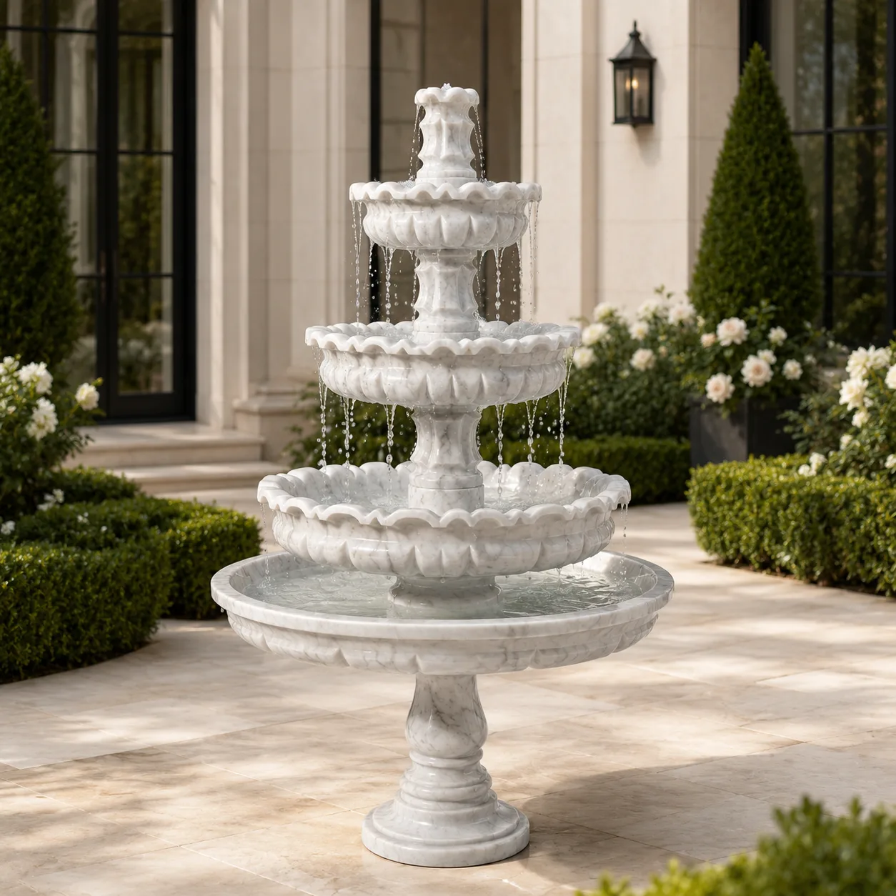 Klasik Üç Kademeli Beyaz Mermer Bahçe Fıskiyesi
