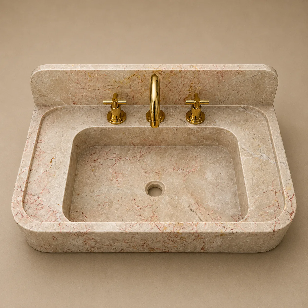Pembe Bej Mermer Duvar Lavabosu – Entegre Arka Panelli El Oyması Doğal Taş Banyo Lavabosu