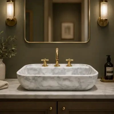 El Oyması Carrara Mermer Lavabo – Yuvarlatılmış Köşeli Dikdörtgen Doğal Taş Banyo Lavabosu
