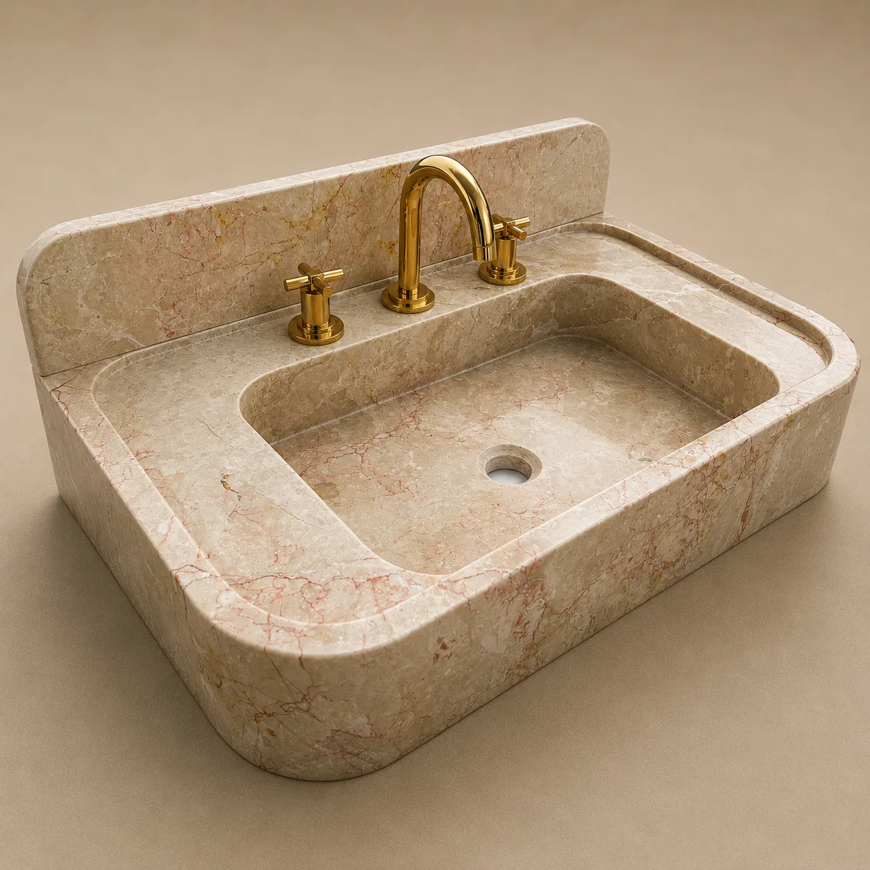 Pembe Bej Mermer Duvar Lavabosu – Entegre Arka Panelli El Oyması Doğal Taş Banyo Lavabosu