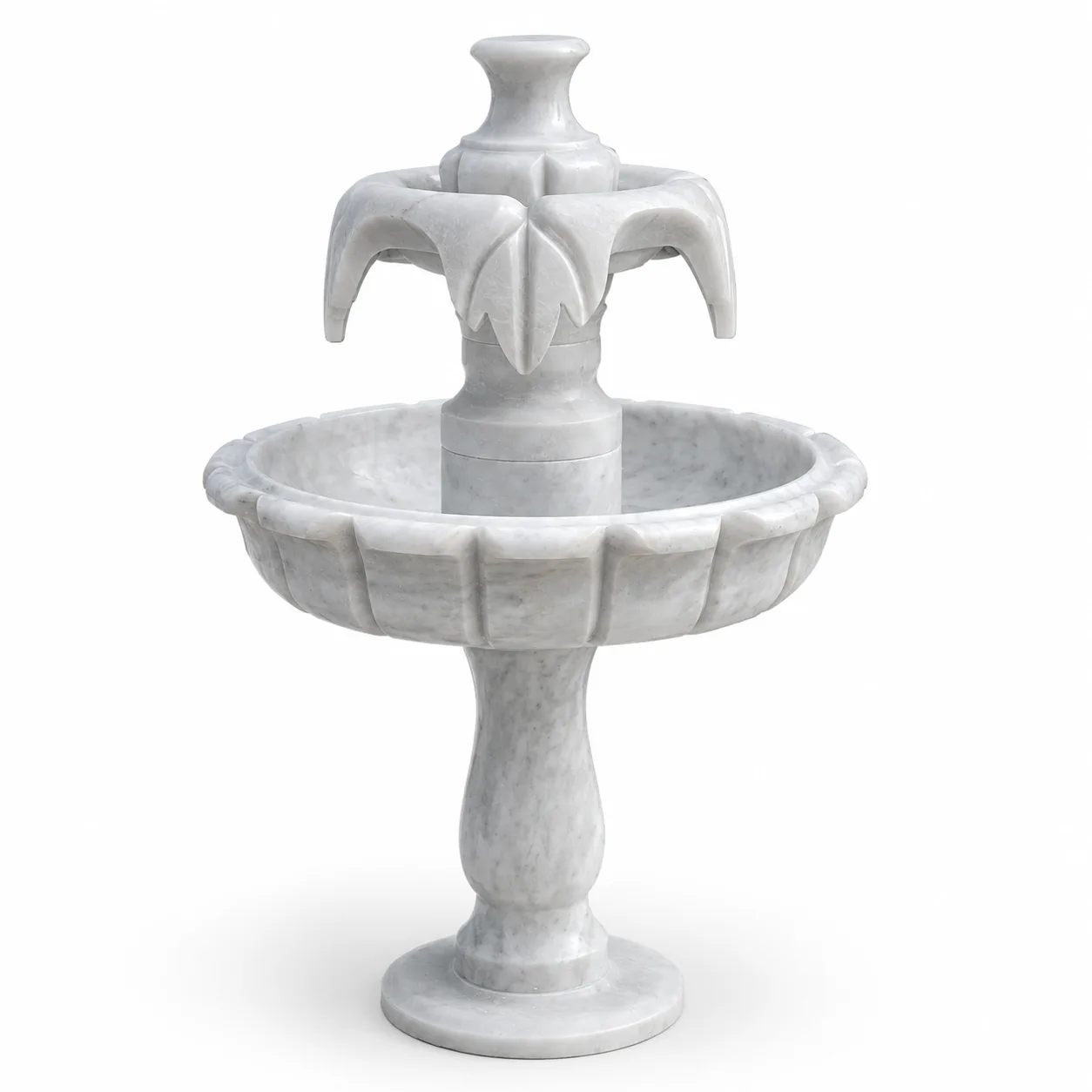Two-Tiered Botanical Motif White Marble Fountain