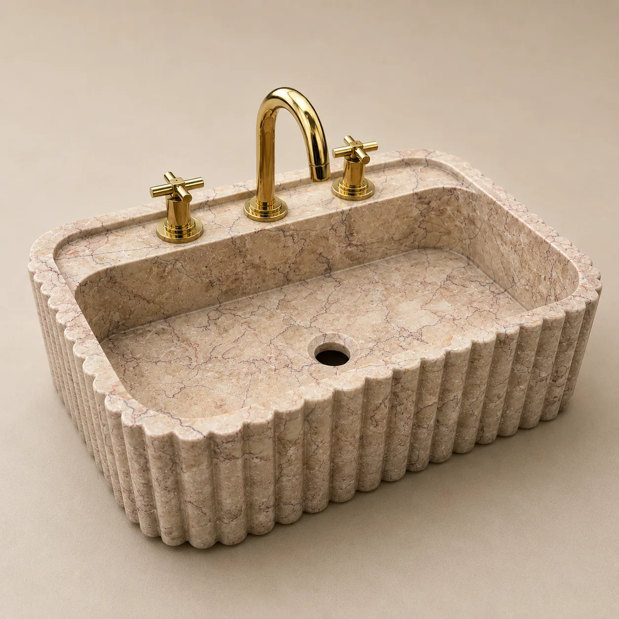 Hand-Carved Pink Marble Sink – Fluted Wall-Mounted Luxury Bathroom Vessel Basin