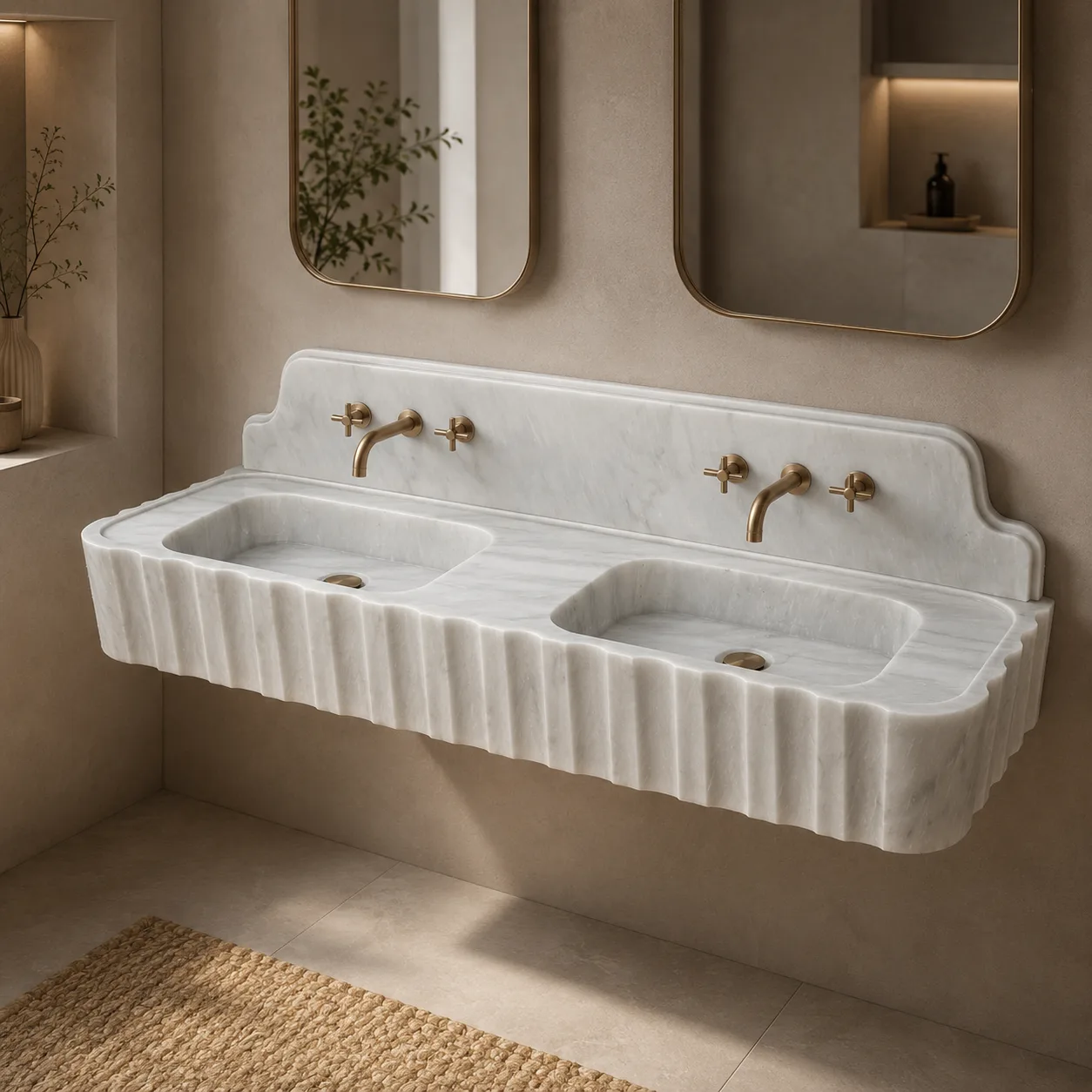 Carrara White Çift Mermer Lavabo – Yivli El Oyması Duvara Monte Doğal Taş Banyo Ünitesi