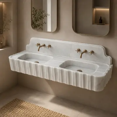 Carrara White Çift Mermer Lavabo – Yivli El Oyması Duvara Monte Doğal Taş Banyo Ünitesi
