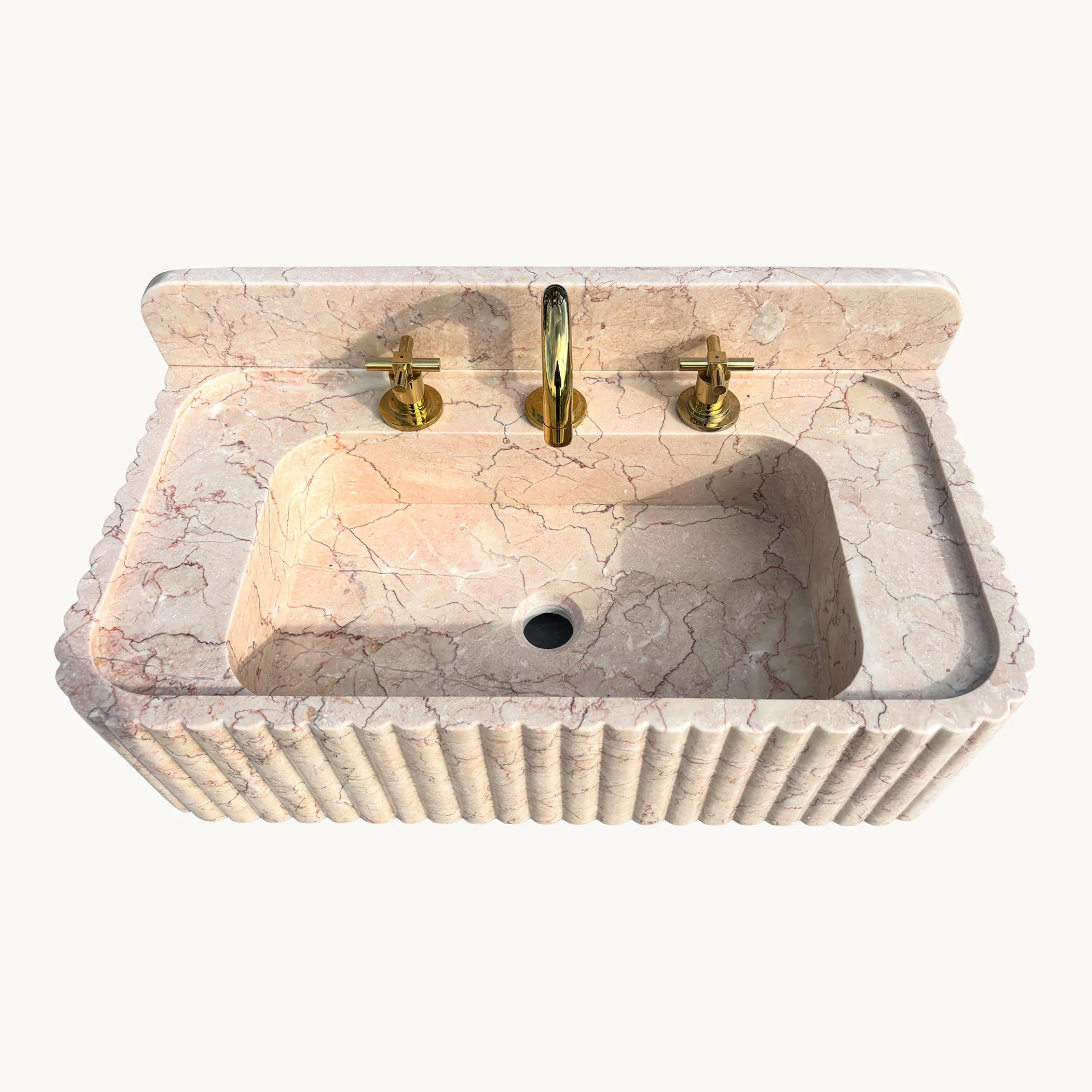 Pembe Bej Mermer Lavabo – Yivli El Oyması Duvara Monte Doğal Taş Banyo Lavabosu