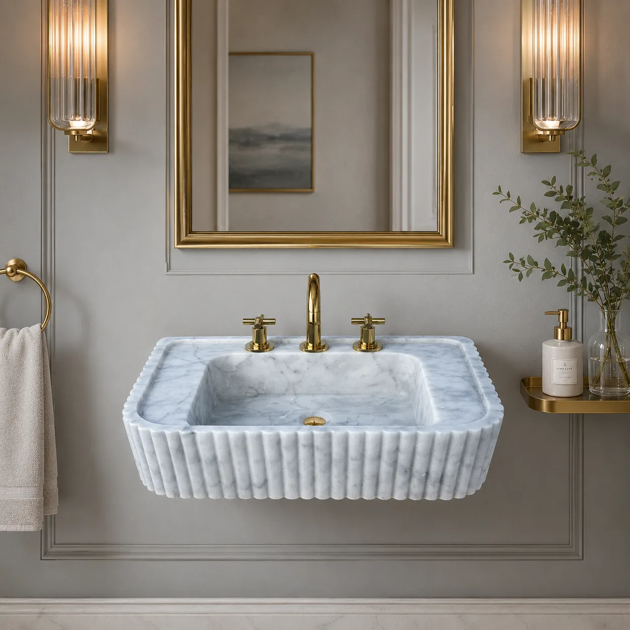 Carrara White Mermer Lavabo – Yivli El Oyması Duvara Monte Doğal Taş Banyo Lavabosu