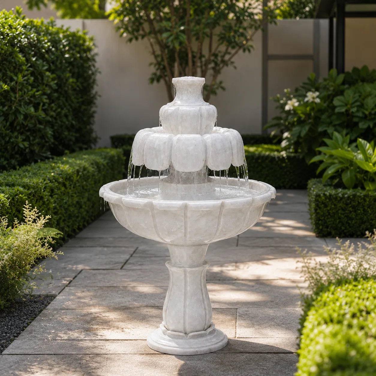 Hand-Carved Lotus Motif Two-Tiered White Marble Fountain