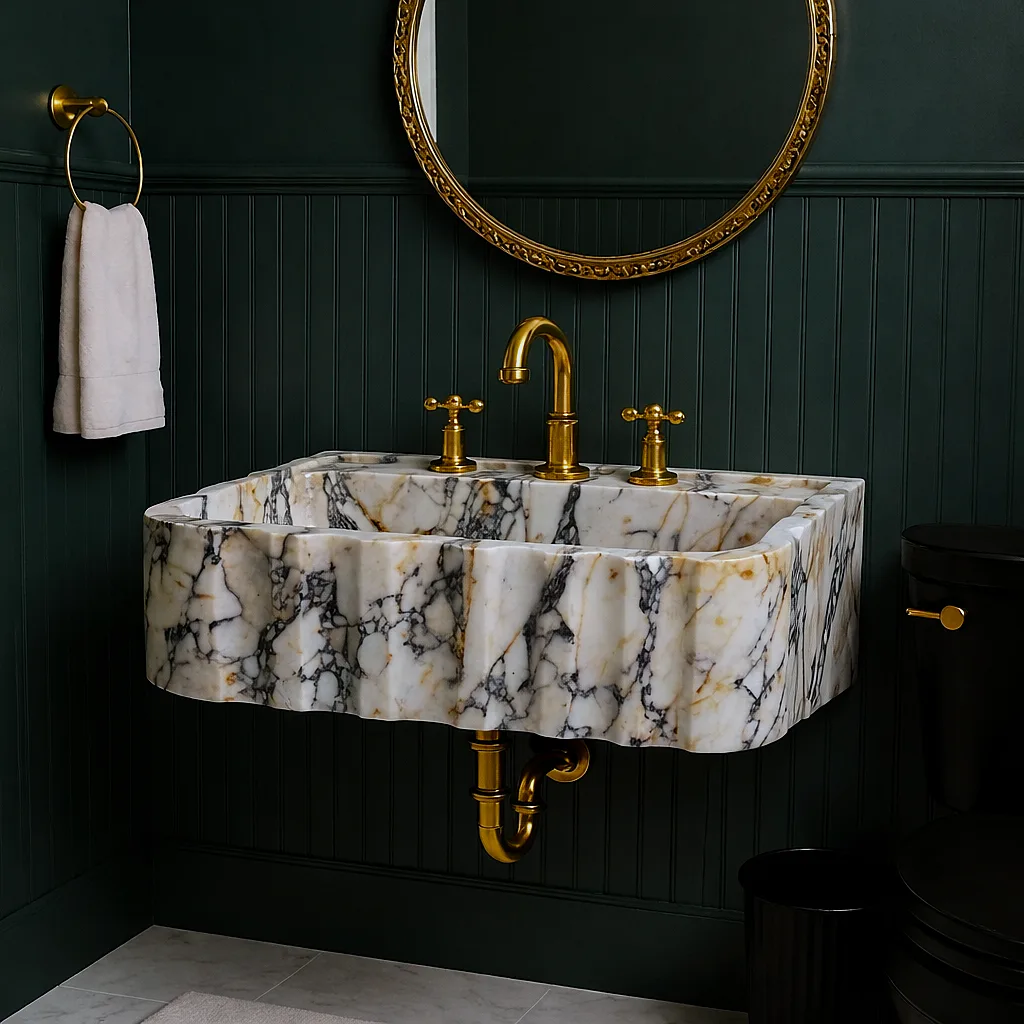 Calacatta Gold Mermer Lavabo – El Oyması Dalgalı Kenarlı Lüks Doğal Taş Duvar Lavabosu