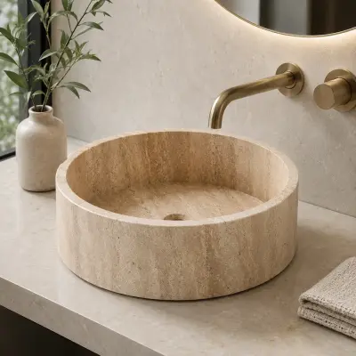 Minimalist Silindirik Traverten Banyo Lavabosu