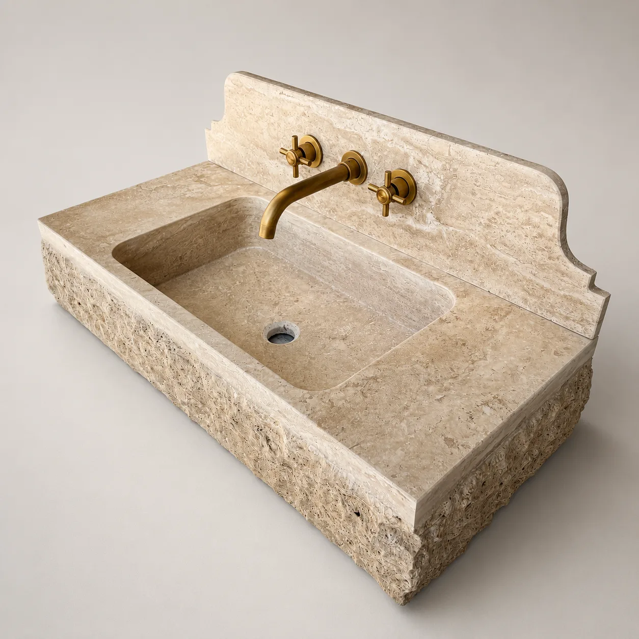 Traverten Mermer Lavabo – Ham Dokulu El Oyması Duvara Monte Doğal Taş Banyo Lavabosu