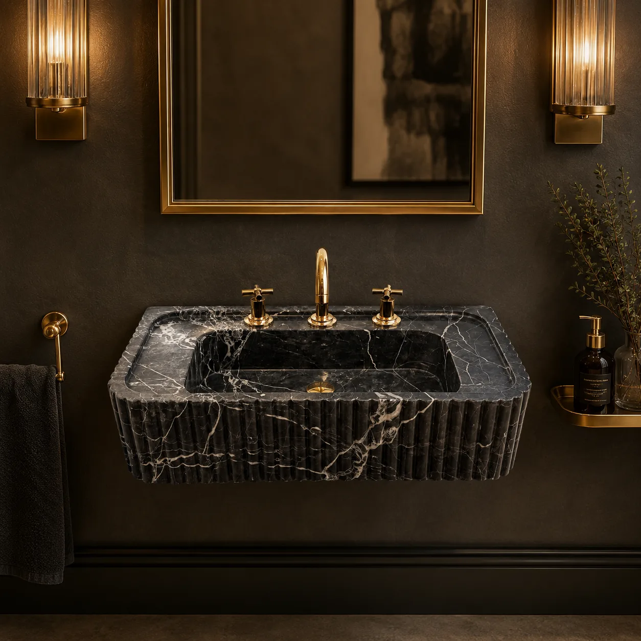 Nero Marquina Marble Sink – Hand-Carved Fluted Black Stone Wall-Mounted Vanity Basin