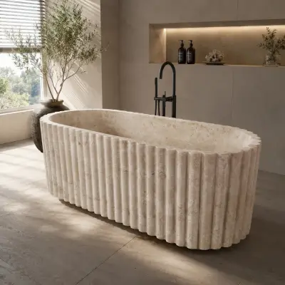 Dikey Yivli Tasarım Traverten Banyo Küveti
