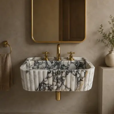 El Oyması Calacatta Viola Mermer Lavabo – Cilalı Doğal Taş Duvara Monte Banyo Lavabosu