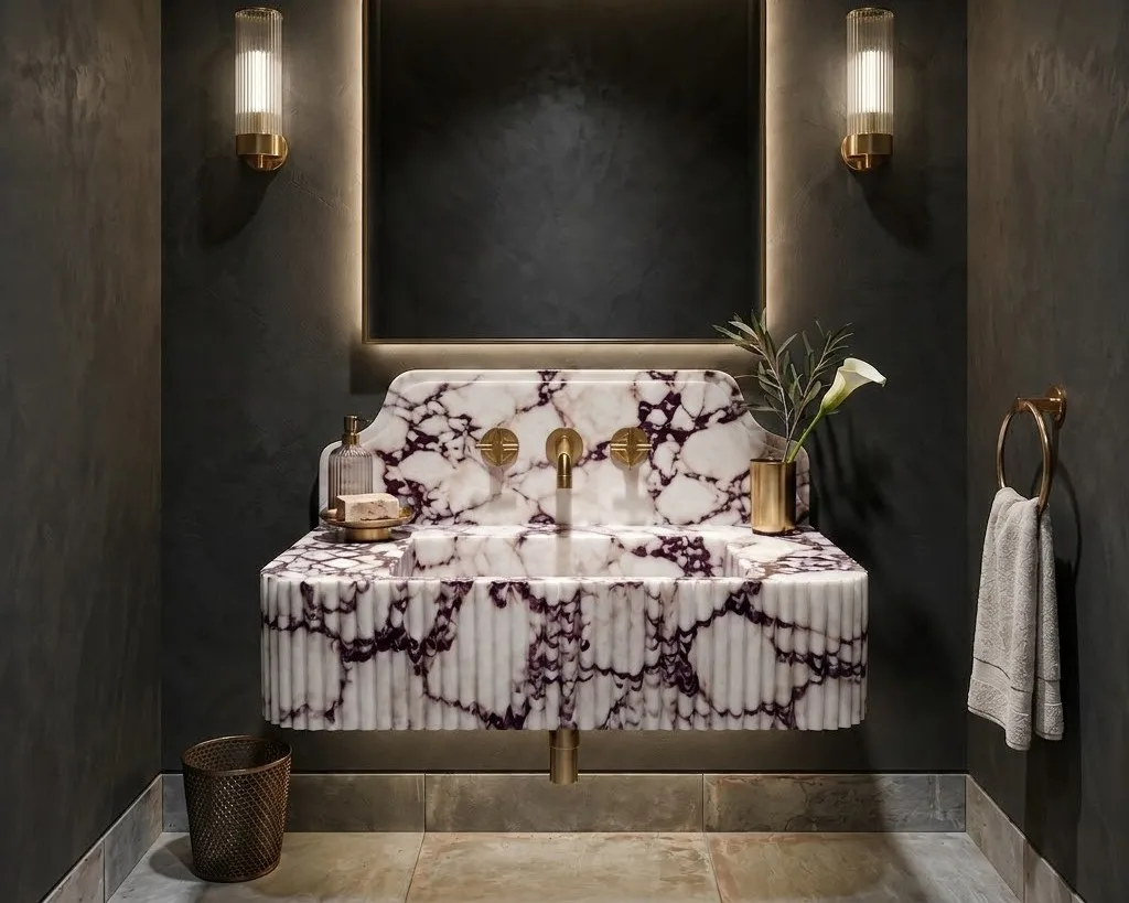Calacatta Viola Marble Sink and Backsplash, Unique Marble Basin, Custom Size Hand Carved Viola Marble Sink, Bathroom Vanity