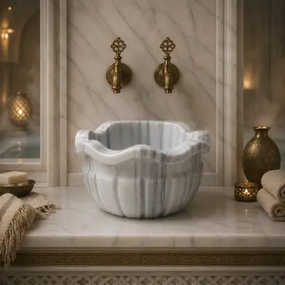 El Oyması Dilimli Tasarım Mermer Hamam Kurnası