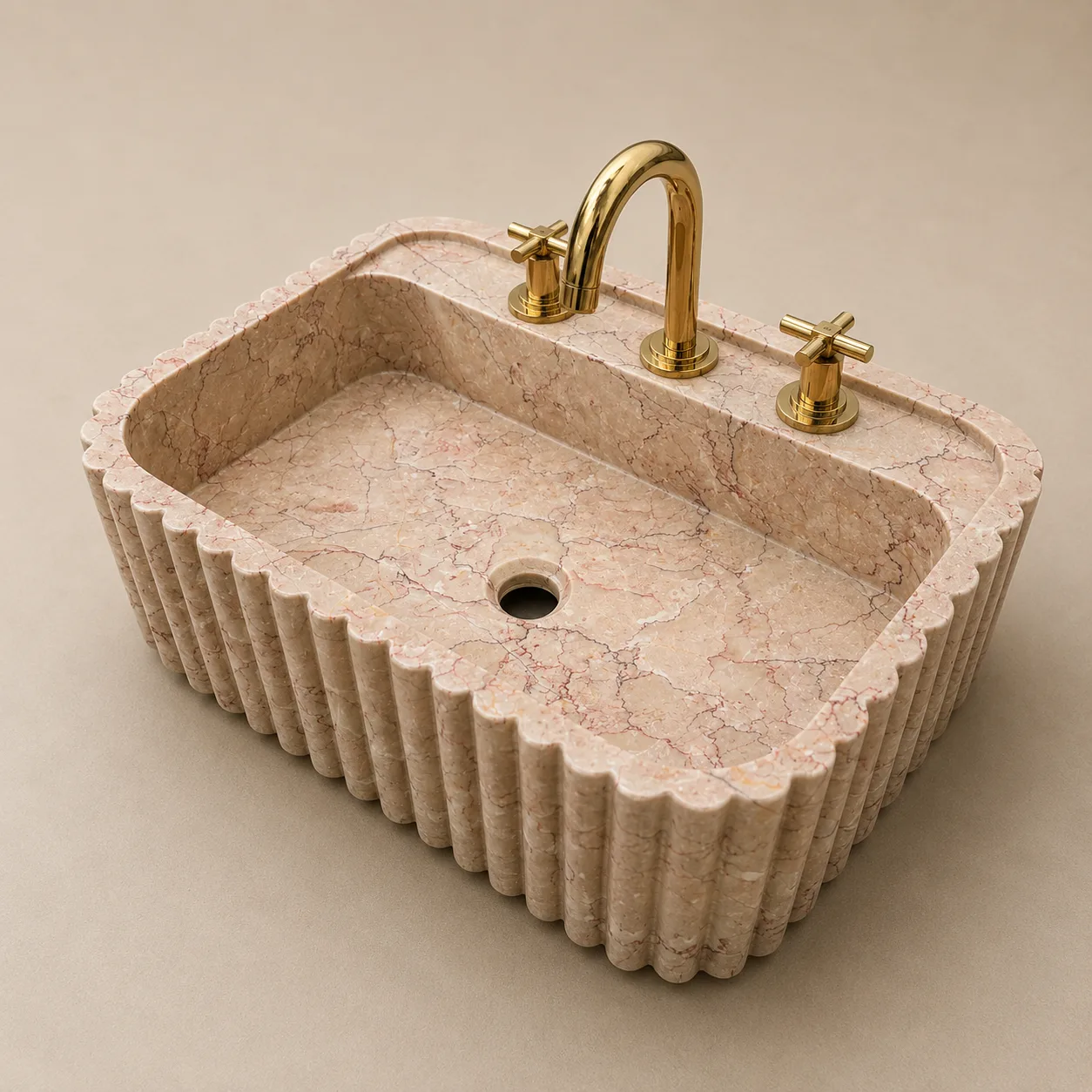 Hand-Carved Pink Marble Sink – Fluted Wall-Mounted Luxury Bathroom Vessel Basin