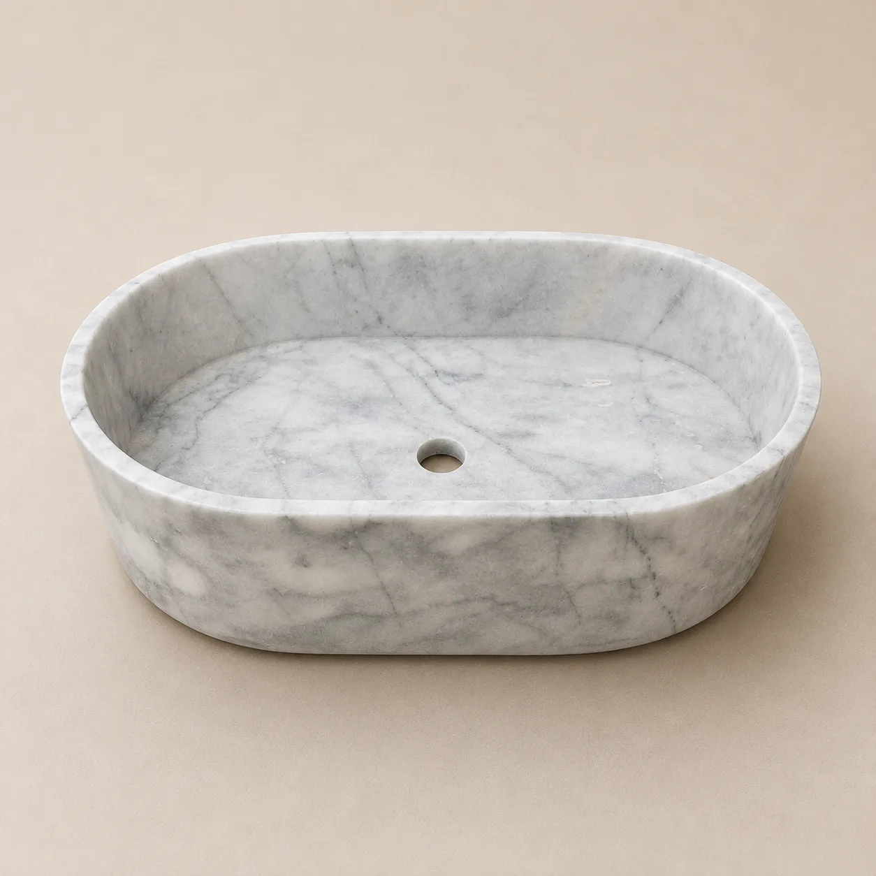 El Oyması Carrara Mermer Oval Lavabo – Doğal Taş Tezgah Üstü ve Duvara Monte Banyo Lavabosu