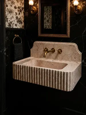 Pembe Bej Mermer Yivli Lavabo – El Oyması Doğal Taş Tezgâh Üstü ve Duvara Monte Lavabo