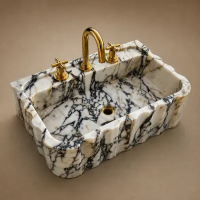 Calacatta Gold Mermer Lavabo – El Oyması Dalgalı Kenarlı Lüks Doğal Taş Duvar Lavabosu