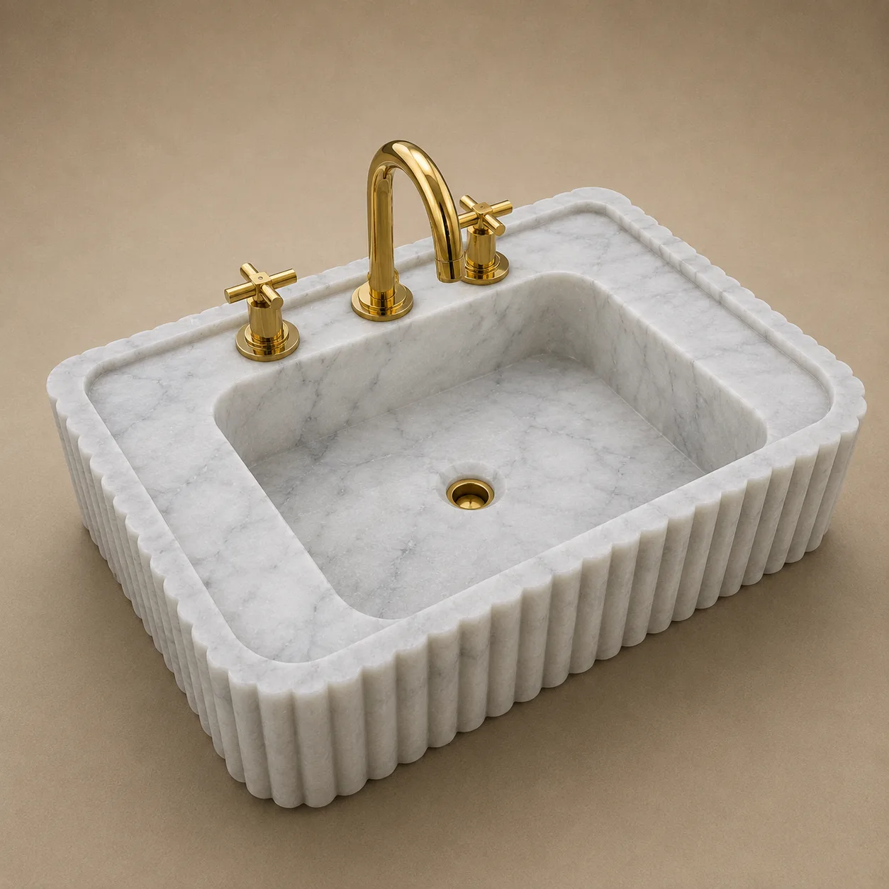 Carrara White Mermer Lavabo – Yivli El Oyması Duvara Monte Doğal Taş Banyo Lavabosu