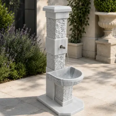 Carrara White Mermer Sütunlu Bahçe Çeşmesi