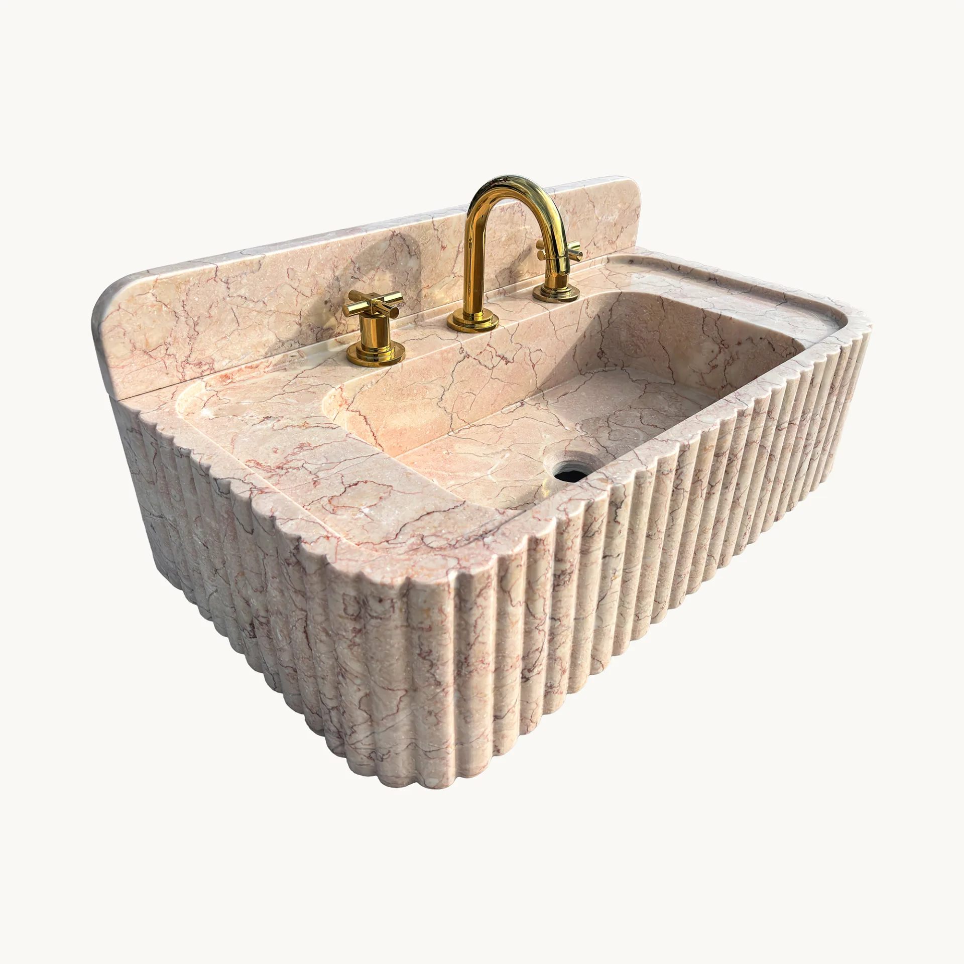 Pembe Bej Mermer Lavabo – Yivli El Oyması Duvara Monte Doğal Taş Banyo Lavabosu