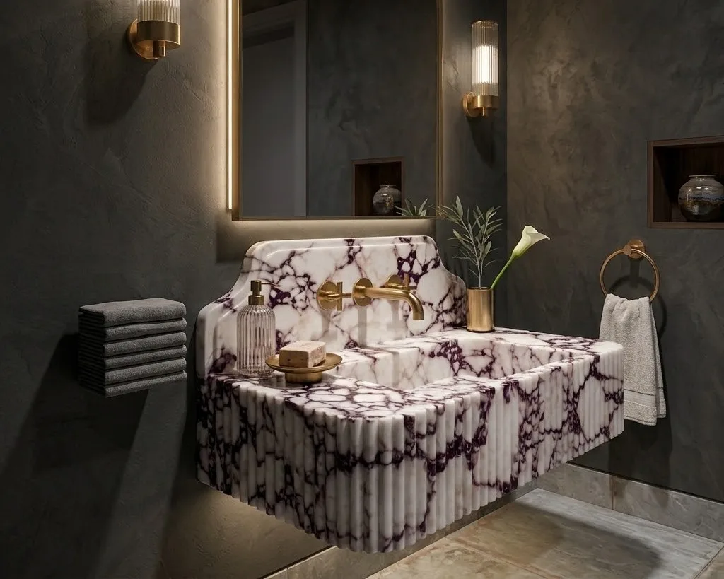 Calacatta Viola Marble Sink and Backsplash, Unique Marble Basin, Custom Size Hand Carved Viola Marble Sink, Bathroom Vanity